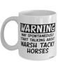 Funny Marsh Tacky Horse Mug Warning May Spontaneously Start Talking About Marsh Tacky Horses Coffee Cup White