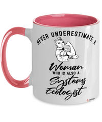Systems Ecologist Mug Never Underestimate A Woman Who Is Also A Systems Ecologist Coffee Cup Two Tone Pink 11oz