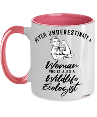 Wildlife Ecologist Mug Never Underestimate A Woman Who Is Also A Wildlife Ecologist Coffee Cup Two Tone Pink 11oz