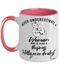 Business Intelligence Analyst Mug Never Underestimate A Woman Who Is Also A Business Intelligence Analyst Coffee Cup Two Tone Pink 11oz