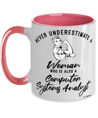 Computer Systems Analyst Mug Never Underestimate A Woman Who Is Also A Computer Systems Analyst Coffee Cup Two Tone Pink 11oz