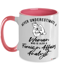 Foreign Affairs Analyst Mug Never Underestimate A Woman Who Is Also A Foreign Affairs Analyst Coffee Cup Two Tone Pink 11oz