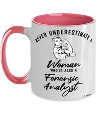 Forensic Analyst Mug Never Underestimate A Woman Who Is Also A Forensic Analyst Coffee Cup Two Tone Pink 11oz