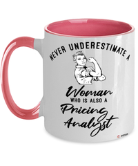 Pricing Analyst Mug Never Underestimate A Woman Who Is Also A Pricing Analyst Coffee Cup Two Tone Pink 11oz