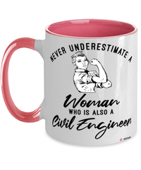 Civil Engineer Mug Never Underestimate A Woman Who Is Also A Civil Engineer Coffee Cup Two Tone Pink 11oz