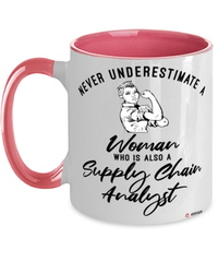 Supply Chain Analyst Mug Never Underestimate A Woman Who Is Also A Supply Chain Analyst Coffee Cup Two Tone Pink 11oz
