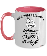 Systems Analyst Mug Never Underestimate A Woman Who Is Also A Systems Analyst Coffee Cup Two Tone Pink 11oz