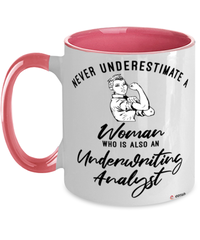 Underwriting Analyst Mug Never Underestimate A Woman Who Is Also An Underwriting Analyst Coffee Cup Two Tone Pink 11oz