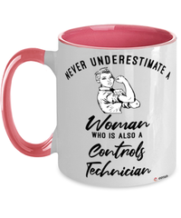 Controls Technician Mug Never Underestimate A Woman Who Is Also A Controls Tech Coffee Cup Two Tone Pink 11oz