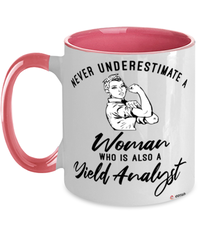 Yield Analyst Mug Never Underestimate A Woman Who Is Also A Yield Analyst Coffee Cup Two Tone Pink 11oz