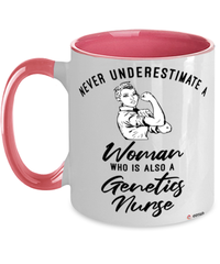 Genetics Nurse Mug Never Underestimate A Woman Who Is Also A Genetics Nurse Coffee Cup Two Tone Pink 11oz