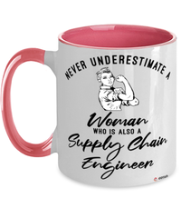 Supply Chain Engineer Mug Never Underestimate A Woman Who Is Also A Supply Chain Engineer Coffee Cup Two Tone Pink 11oz