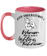 Lighting Technician Mug Never Underestimate A Woman Who Is Also A Lighting Tech Coffee Cup Two Tone Pink 11oz