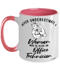 Office Technician Mug Never Underestimate A Woman Who Is Also An Office Tech Coffee Cup Two Tone Pink 11oz