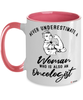 Oncologist Mug Never Underestimate A Woman Who Is Also An Oncologist Coffee Cup Two Tone Pink 11oz
