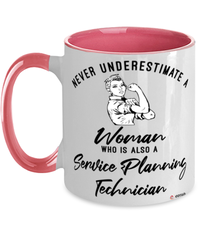 Service Planning Technician Mug Never Underestimate A Woman Who Is Also A Service Planning Tech Coffee Cup Two Tone Pink 11oz