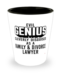 Funny Family Divorce Lawyer Shot Glass Evil Genius Cleverly Disguised As A Family and Divorce Lawyer