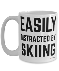 Funny Skiier Mug Easily Distracted By Skiing Coffee Cup 15oz White