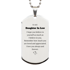 To My Daughter In Law Dogtag Necklace, To My Daughter In Law Remember how much you are loved and appreciated. I love you always and forever, Inspirational Silver Dog Tag For Daughter In Law Present, Birthday Christmas Unique Gifts For Daughter In Law Men
