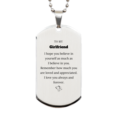 To My Girlfriend Dogtag Necklace, To My Girlfriend Remember how much you are loved and appreciated. I love you always and forever, Inspirational Silver Dog Tag For Girlfriend Present, Birthday Christmas Unique Gifts For Girlfriend Men Women