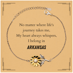 Arkansas State Gifts, No matter where life's journey takes me, my heart always whispers, I belong in Arkansas, Proud Arkansas Sunflower Bracelet Birthday Christmas For Men, Women, Friends