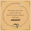 Mississippi State Gifts, No matter where life's journey takes me, my heart always whispers, I belong in Mississippi, Proud Mississippi Sunflower Bracelet Birthday Christmas For Men, Women, Friends