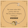 Wisconsin State Gifts, No matter where life's journey takes me, my heart always whispers, I belong in Wisconsin, Proud Wisconsin Sunflower Bracelet Birthday Christmas For Men, Women, Friends