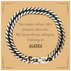 Alaska State Gifts, No matter where life's journey takes me, my heart always whispers, I belong in Alaska, Proud Alaska Cuban Link Chain Bracelet Birthday Christmas For Men, Women, Friends