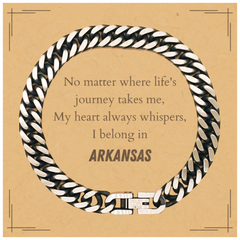 Arkansas State Gifts, No matter where life's journey takes me, my heart always whispers, I belong in Arkansas, Proud Arkansas Cuban Link Chain Bracelet Birthday Christmas For Men, Women, Friends