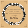 California State Gifts, No matter where life's journey takes me, my heart always whispers, I belong in California, Proud California Cuban Link Chain Bracelet Birthday Christmas For Men, Women, Friends