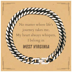 West Virginia State Gifts, No matter where life's journey takes me, my heart always whispers, I belong in West Virginia, Proud West Virginia Cuban Link Chain Bracelet Birthday Christmas For Men, Women, Friends