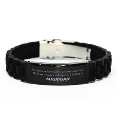 Michigan State Gifts, No matter where life's journey takes me, my heart always whispers, I belong in Michigan, Proud Michigan Black Glidelock Clasp Bracelet Birthday Christmas For Men, Women, Friends