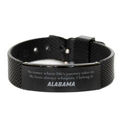 Alabama State Gifts, No matter where life's journey takes me, my heart always whispers, I belong in Alabama, Proud Alabama Black Shark Mesh Bracelet Birthday Christmas For Men, Women, Friends