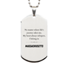 Massachusetts State Gifts, No matter where life's journey takes me, my heart always whispers, I belong in Massachusetts, Proud Massachusetts Silver Dog Tag Birthday Christmas For Men, Women, Friends
