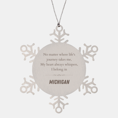 Michigan State Gifts, No matter where life's journey takes me, my heart always whispers, I belong in Michigan, Proud Michigan Snowflake Ornament Christmas For Men, Women, Friends