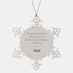 Texas State Gifts, No matter where life's journey takes me, my heart always whispers, I belong in Texas, Proud Texas Snowflake Ornament Christmas For Men, Women, Friends