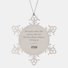 Utah State Gifts, No matter where life's journey takes me, my heart always whispers, I belong in Utah, Proud Utah Snowflake Ornament Christmas For Men, Women, Friends