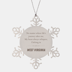 West Virginia State Gifts, No matter where life's journey takes me, my heart always whispers, I belong in West Virginia, Proud West Virginia Snowflake Ornament Christmas For Men, Women, Friends