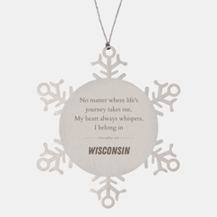 Wisconsin State Gifts, No matter where life's journey takes me, my heart always whispers, I belong in Wisconsin, Proud Wisconsin Snowflake Ornament Christmas For Men, Women, Friends