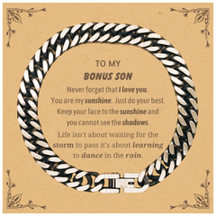 Bonus Son Cuban Link Chain Bracelet Gifts, To My Bonus Son Never forget that I love you. You are my sunshine, Motivational Message Card For Bonus Son, Keepsake Birthday Christmas Unique Gifts For Bonus Son