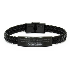 California State Gifts, No matter where life's journey takes me, my heart always whispers, I belong in California, Proud California Braided Leather Bracelet Birthday Christmas For Men, Women, Friends