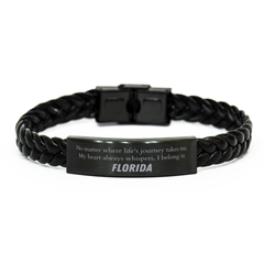 Florida State Gifts, No matter where life's journey takes me, my heart always whispers, I belong in Florida, Proud Florida Braided Leather Bracelet Birthday Christmas For Men, Women, Friends