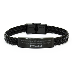 Virginia State Gifts, No matter where life's journey takes me, my heart always whispers, I belong in Virginia, Proud Virginia Braided Leather Bracelet Birthday Christmas For Men, Women, Friends