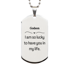 Gifts for Godson, I am so lucky to have you in my life, Thank You Silver Dog Tag For Godson, Birthday Christmas Inspiration Gifts for Godson