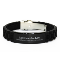 Gifts for Mother-In-Law, I am so lucky to have you in my life, Thank You Black Glidelock Clasp Bracelet For Mother-In-Law, Birthday Christmas Inspiration Gifts for Mother-In-Law