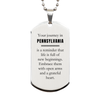 Moving to Pennsylvania Gifts, Reminder that life is full of new beginnings, Pennsylvania Christmas Friendship Silver Dog Tag For Men, Women, Friends, Coworkers