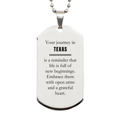 Moving to Texas Gifts, Reminder that life is full of new beginnings, Texas Christmas Friendship Silver Dog Tag For Men, Women, Friends, Coworkers