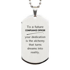 To a Future Compliance Officer Gifts, Turns dreams into reality, Graduation Gifts for New Compliance Officer, Christmas Inspirational Silver Dog Tag For Men, Women