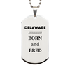 Proud Delaware Gifts, Born and bred, Delaware State Christmas Birthday Silver Dog Tag For Men, Women, Friends