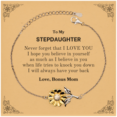 To My Stepdaughter Sunflower Bracelet, Supporting Gifts for Stepdaughter from Bonus Mom, Stepdaughter Birthday Christmas Graduation Stepdaughter Never forget that I love you I hope you believe in yourself as much as I believe in you. Love, Bonus Mom